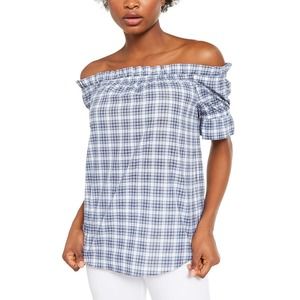 Michael Michael Kors Blue Plaid Off Shoulder Top Size Xs